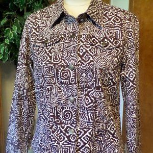 Ruby Rd Jacket  Fitted Tribal Design Button Up Brown / White  Size 8